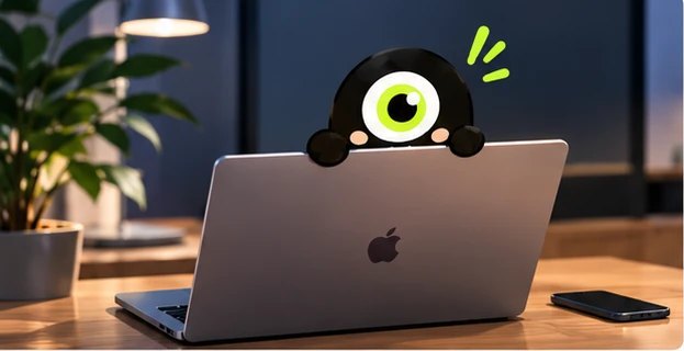 Upsi peeking over the lid of a laptop left on a table