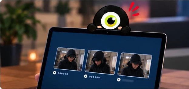 Laptop in a café, Upsi alert with a red eye